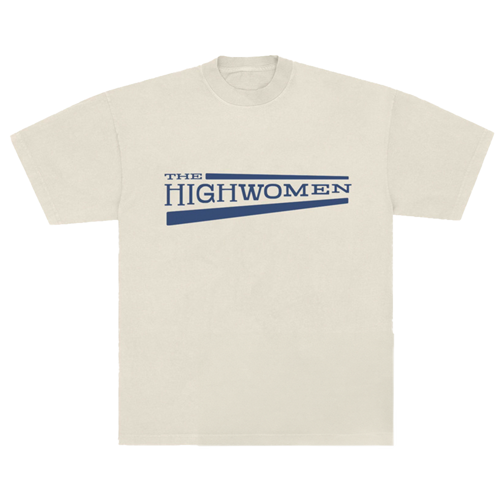 THe front of a Beige t-shirt with blue graphic Highwomen logo on the center.  