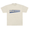 THe front of a Beige t-shirt with blue graphic Highwomen logo on the center.  