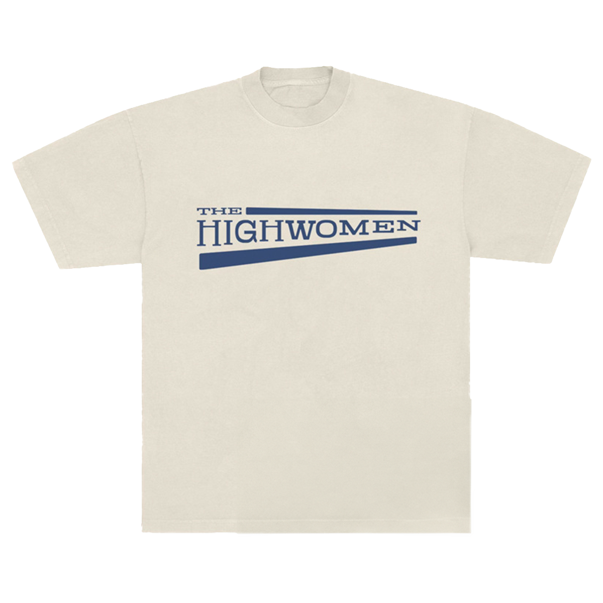 THe front of a Beige t-shirt with blue graphic Highwomen logo on the center.  