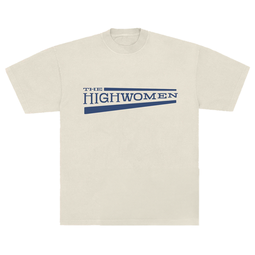 THe front of a Beige t-shirt with blue graphic Highwomen logo on the center.  