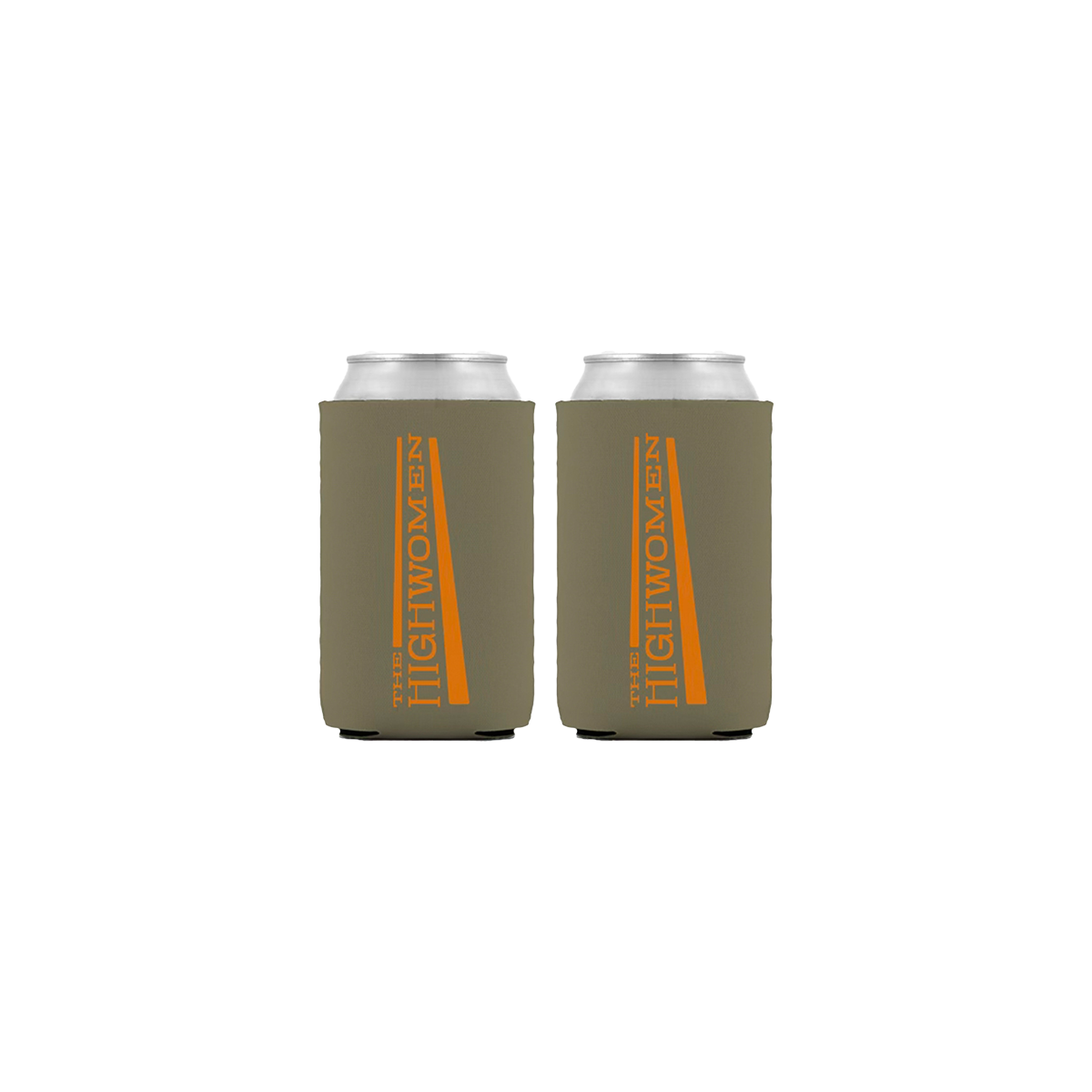 Two green beer koozies with 'Highwomen' branding in Orange set vertically. 